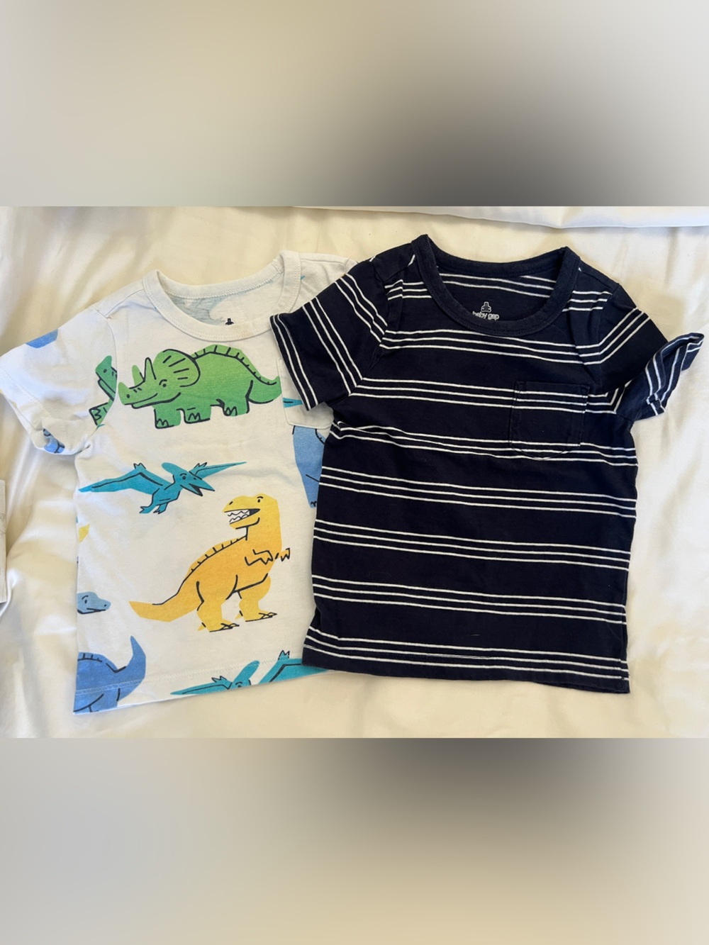 GAP Boys 2-Pack Dino Print White & Navy Stripe Short Sleeve Tops